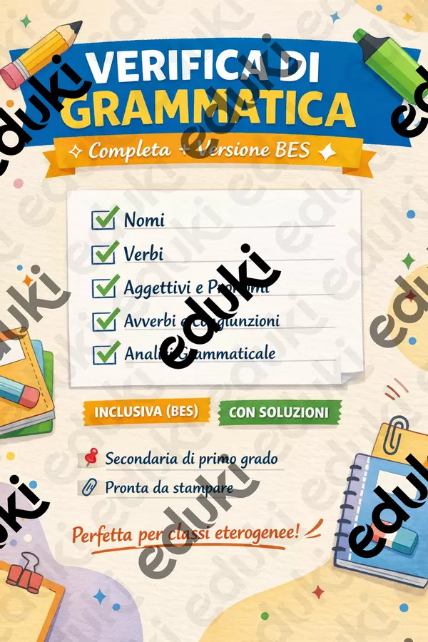 VERIFICA DI GRAMMATICA + SOLUZIONI + VERSIONE BES Esercizi - VERIFICA DI GRAMMATICA + SOLUZIONI + VERSIONE BES - ProfValeria - Pagina di copertina