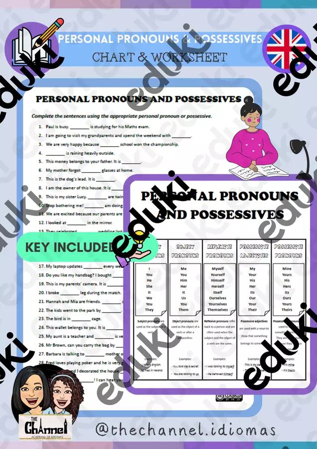 PERSONAL PRONOUNS AND POSSESSIVES – Chart & Worksheet Esercizi - PERSONAL PRONOUNS AND POSSESSIVES – Chart & Worksheet - The Channel - Academia de idiomas - Pagina di copertina