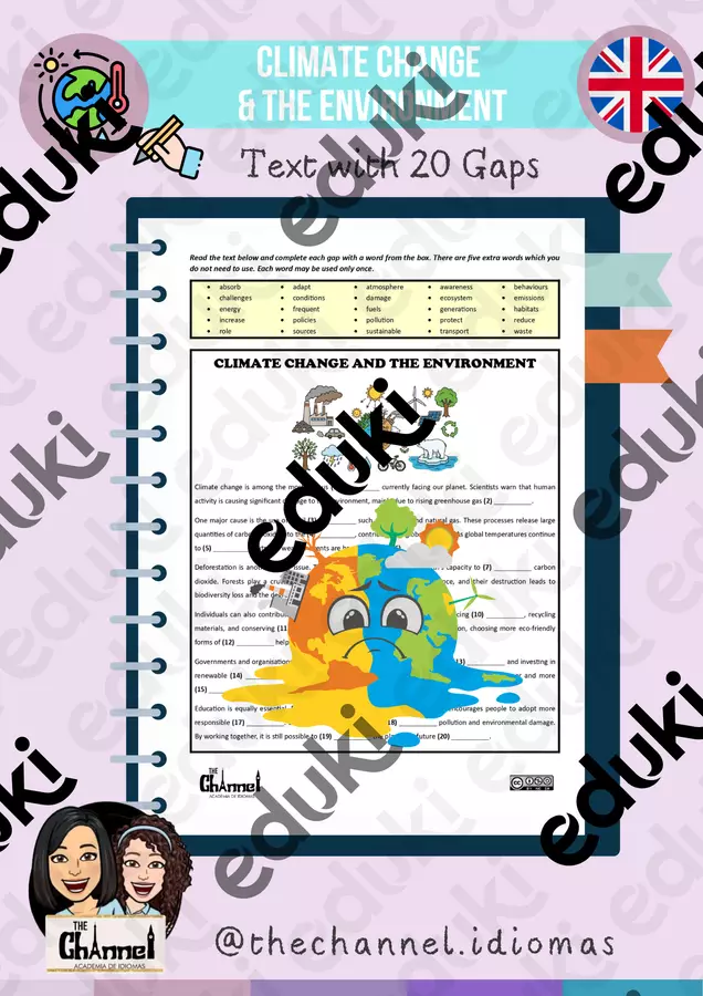 CLIMATE CHANGE AND THE ENVIRONMENT – Text with 20 Gaps Esercizi - CLIMATE CHANGE AND THE ENVIRONMENT – Text with 20 Gaps - The Channel - Academia de idiomas - Pagina di copertina