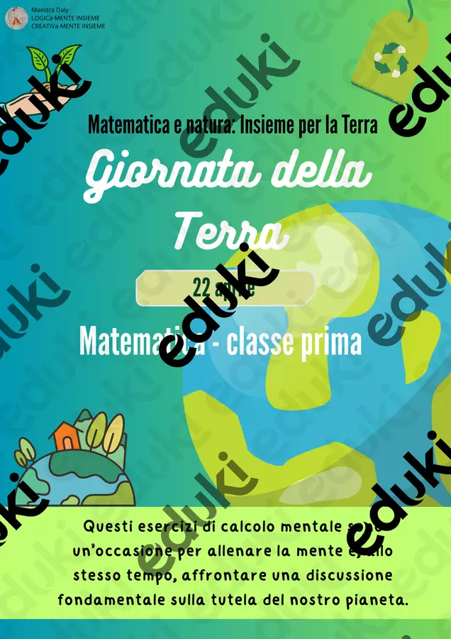 Giornata della Terra - matematica classe prima Esercizi - Giornata della Terra - matematica classe prima - Maestra Daly - Pagina di copertina