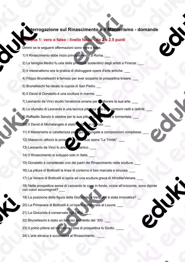 Domande per interrogazione: Rinascimento e Manierismo Esercizi - Domande per interrogazione: Rinascimento e Manierismo - Arte&Sostegno - Pagina di copertina