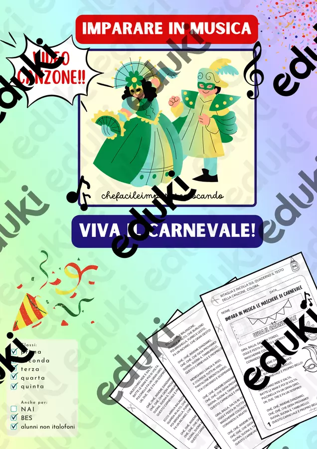 CARNEVALE – TESTO E AUDIO/VIDEO CANZONE Materiale di supporto/inclusione - CARNEVALE – TESTO E AUDIO/VIDEO CANZONE - chefacileimpararegiocando - Pagina di copertina