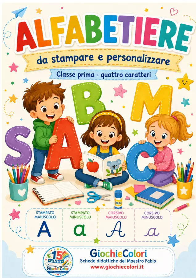 ALFABETIERE DA STAMPARE E PERSONALIZZARE classe prima Clipart / Immagini originali - ALFABETIERE DA STAMPARE E PERSONALIZZARE classe prima - Maestro Fabio Giochiecolori - Pagina di copertina