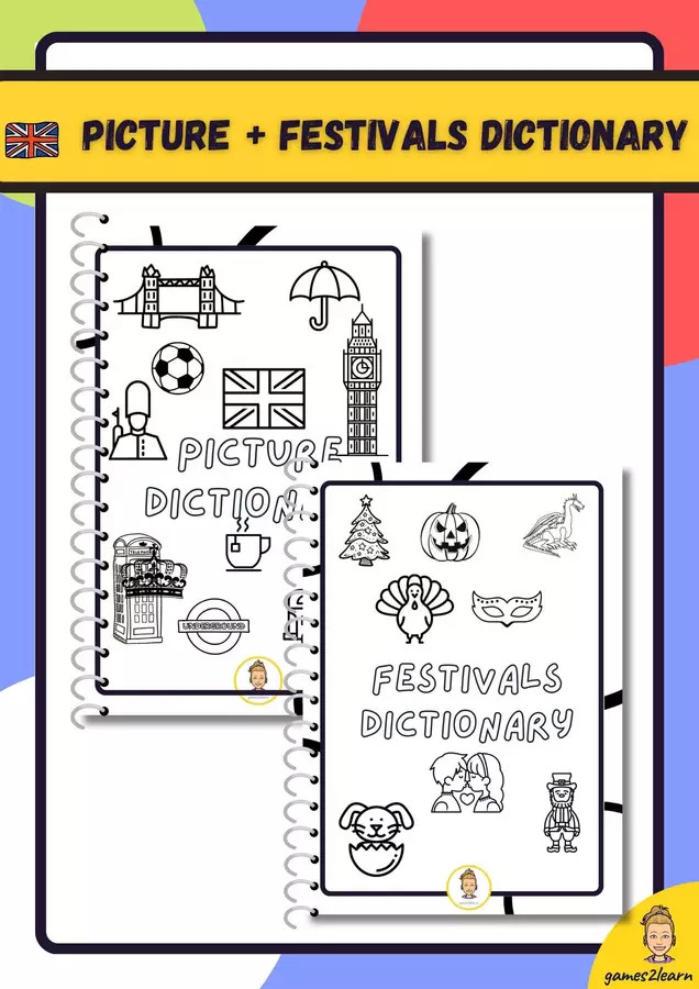 Pack English dictionary + Festivals dictionary to colour Esercizi - Pack English dictionary + Festivals dictionary to colour - games2learn - Pagina di copertina