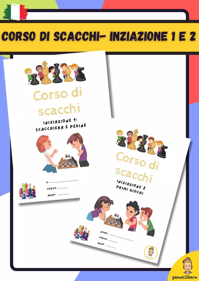 Libri corso di scacchi 1 e 2: Iniziazione 1 tavola e pezzi. Iniziazione 2 prime mosse. Esercizi - Libri corso di scacchi 1 e 2: Iniziazione 1 tavola e pezzi. Iniziazione 2 prime mosse. - games2learn - Materiali e giochi per l'autunno, Halloween e Natale - Pagina di copertina