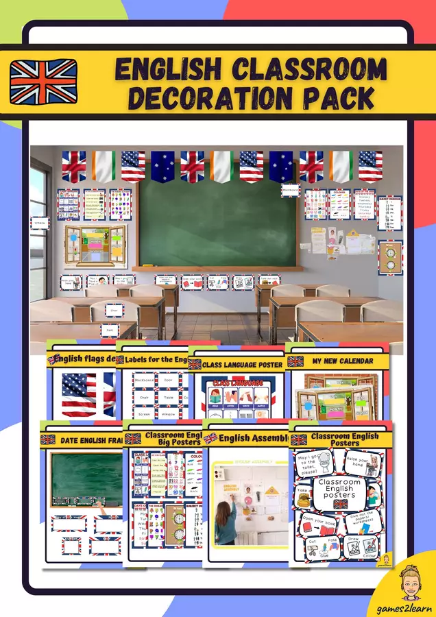 Raccolta di materiali: Pacchetto decorazione aula di inglese Esercizi - Raccolta di materiali: Pacchetto decorazione aula di inglese - games2learn - Pagina di copertina