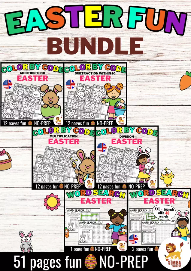 Easter Fun Activities Color by code Word Search Puzzle | Pasqua Matematica Inglese - Bundle (Raccolta) Esercizi - Easter Fun Activities Color by code Word Search Puzzle | Pasqua Matematica Inglese - Bundle (Raccolta) - SIMBA Trainers Education - Pagina di copertina