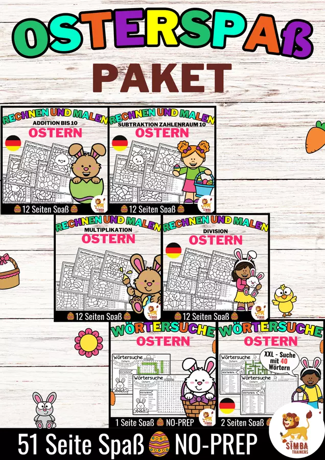 Osterspaß Rechen-Mal-Blätter Wörtersuchen Suchsel | Pasqua Matematica Tedesco - Paket (Raccolta) Esercizi - Osterspaß Rechen-Mal-Blätter Wörtersuchen Suchsel | Pasqua Matematica Tedesco - Paket (Raccolta) - SIMBA Trainers Education - Pagina di copertina