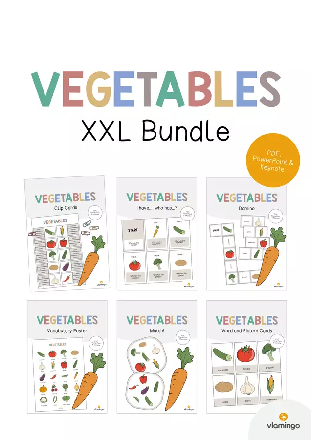VEGETABLES: Pacchetto XXL di materiali per la lezione di inglese (Verdure) Esercizi - VEGETABLES: Pacchetto XXL di materiali per la lezione di inglese (Verdure) - vlamingo - Pagina di copertina