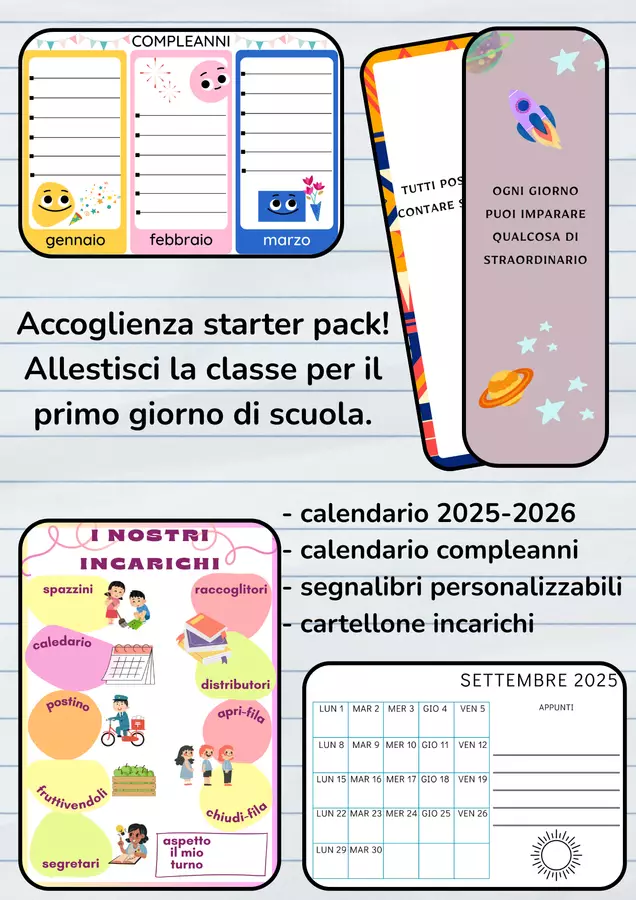Accoglienza Starter Pack - due calendari, segnalibri, poster incarichi Materiale di supporto/inclusione - Accoglienza Starter Pack - due calendari, segnalibri, poster incarichi - Maestra Maila - Pagina di copertina