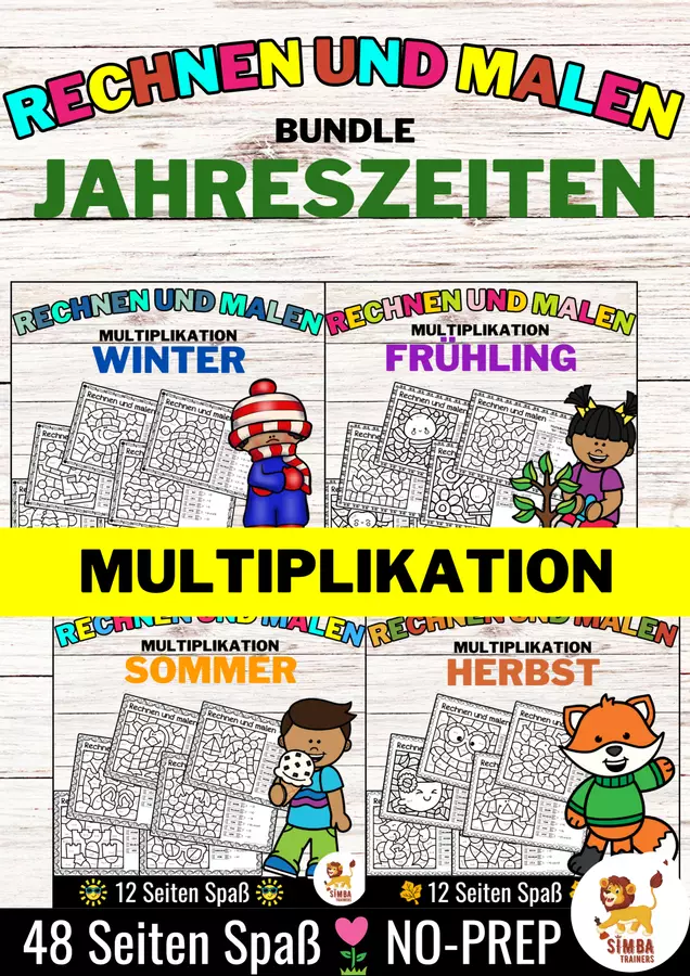 Rechen-Mal-Blätter - Multiplikation (Jahreszeiten) German | Stagioni Moltiplicazione Matematica Tedesco - Bundle (Raccolta) Esercizi - Rechen-Mal-Blätter - Multiplikation (Jahreszeiten) German | Stagioni Moltiplicazione Matematica Tedesco - Bundle (Raccolta) - SIMBA Trainers Education - Pagina di copertina