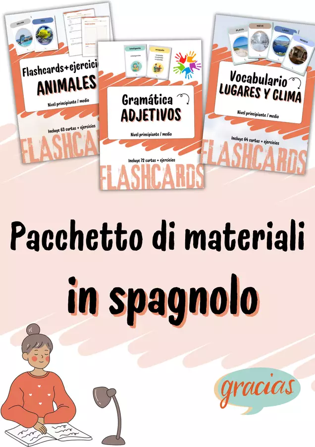Pacchetto di materiali – Flashcard in spagnolo (aggettivi, colori, luoghi, clima e animali) Esercizi - Pacchetto di materiali – Flashcard in spagnolo (aggettivi, colori, luoghi, clima e animali) - Cuenta con Lluna - Pagina di copertina