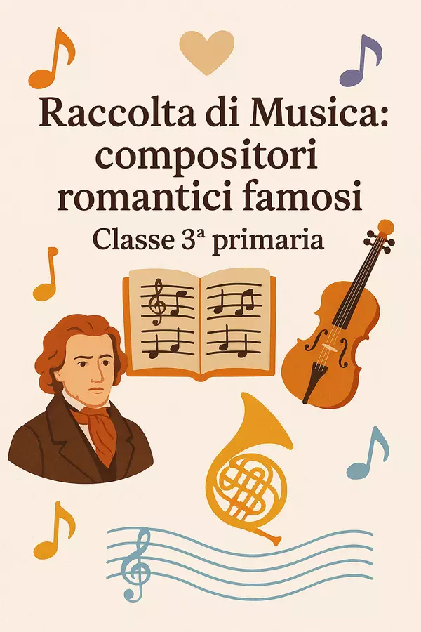 Raccolta di materiali Musica: compositori romantici famosi Compiti in classe/Test - Raccolta di materiali Musica: compositori romantici famosi - Scuola a Colori - Pagina di copertina