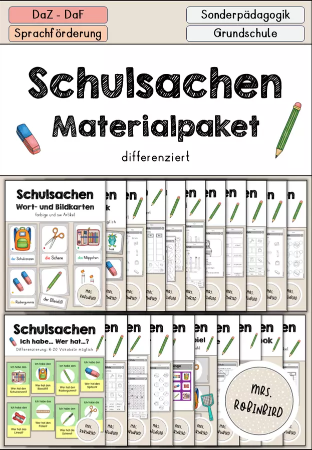 Schulsachen - Schule Materialpaket differenziert - DaZ/DaF/Sprachförderung (Raccolta di materiali sulla scuola) Esercizi - Schulsachen - Schule Materialpaket differenziert - DaZ/DaF/Sprachförderung (Raccolta di materiali sulla scuola) - Mrs.Robinbird - Pagina di copertina