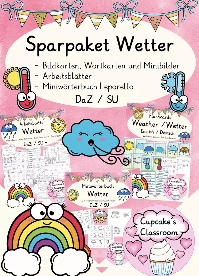 DaZ / SU - Materialpaket Wetter - Arbeitsblätter, Flashcards, Miniwörterbuch (Pacchetto di materiali “Meteo” – Schede di lavoro, flashcards, mini-dizionario) Esercizi - DaZ / SU - Materialpaket Wetter - Arbeitsblätter, Flashcards, Miniwörterbuch (Pacchetto di materiali “Meteo” – Schede di lavoro, flashcards, mini-dizionario) - Cupcake's Classroom - Pagina di copertina