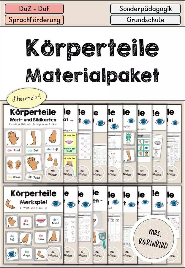 Körperteile - Körper Materialpaket differenziert - DaZ DaF (Raccolta di materiali sulle parti del corpo) Esercizi - Körperteile - Körper Materialpaket differenziert - DaZ DaF (Raccolta di materiali sulle parti del corpo) - Mrs.Robinbird - Pagina di copertina