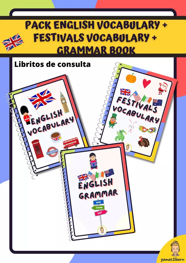 Pack: English Vocabulary + Festivals Vocabulary + English Grammar book Flashcard - Pack: English Vocabulary + Festivals Vocabulary + English Grammar book - games2learn - Pagina di copertina