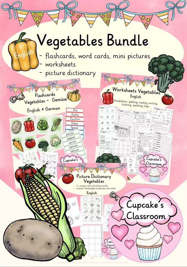 English - Vegetables (Bundle with flashcards, word cards, mini pictures, 12 pages with activities and a picture dictionary) Esercizi - English - Vegetables (Bundle with flashcards, word cards, mini pictures, 12 pages with activities and a picture dictionary) - Cupcake's Classroom - Pagina di copertina
