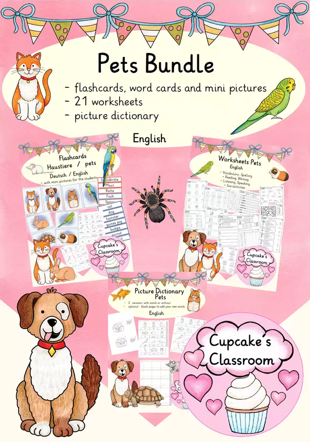 English - Pets (Bundle: flashcards, word cards, mini pictures, worksheets and a picture dictionary Esercizi - English - Pets (Bundle: flashcards, word cards, mini pictures, worksheets and a picture dictionary - Cupcake's Classroom - Pagina di copertina