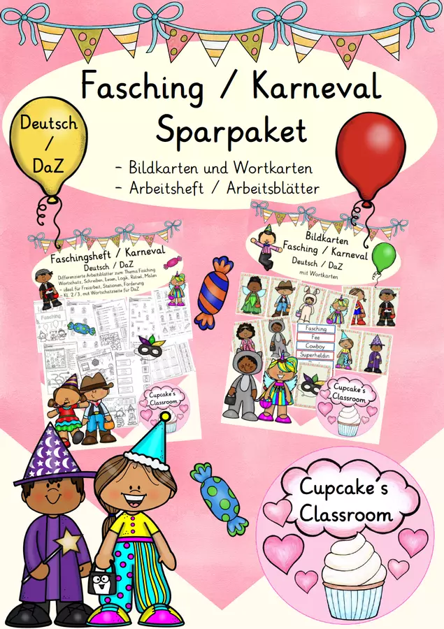 Deutsch / DaZ - Fasching / Karneval - Materialpaket Bildkarten und Arbeitsheft (Pacchetto di materiali sul carnevale con carte illustrate e quaderno di lavoro) Esercizi - Deutsch / DaZ - Fasching / Karneval - Materialpaket Bildkarten und Arbeitsheft (Pacchetto di materiali sul carnevale con carte illustrate e quaderno di lavoro) - Cupcake's Classroom - Pagina di copertina