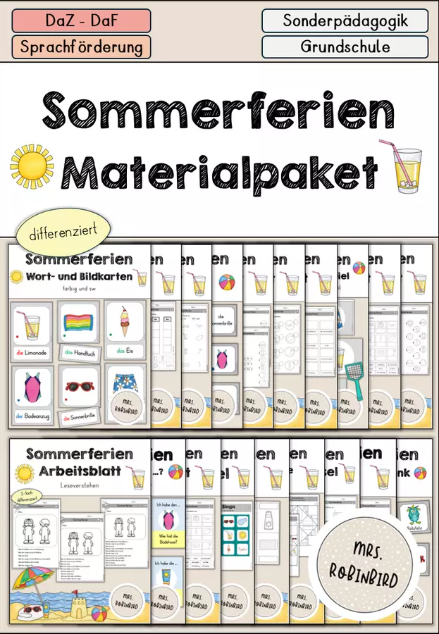 Sommerferien - Sommer Materialpaket differenziert - DaZ DaF (Raccolta di materiali sulle vacanze estive) Esercizi - Sommerferien - Sommer Materialpaket differenziert - DaZ DaF (Raccolta di materiali sulle vacanze estive) - Mrs.Robinbird - Pagina di copertina