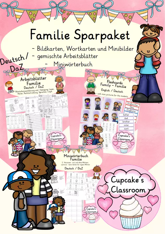Deutsch/DaZ - Familie - Sparpaket Bildkarten, Arbeitsblätter, Miniwörterbuch (Raccolta di materiali “Famiglia”: con carte illustrate, schede di lavoro, mini-dizionario) Esercizi - Deutsch/DaZ - Familie - Sparpaket Bildkarten, Arbeitsblätter, Miniwörterbuch (Raccolta di materiali “Famiglia”: con carte illustrate, schede di lavoro, mini-dizionario) - Cupcake's Classroom - Pagina di copertina