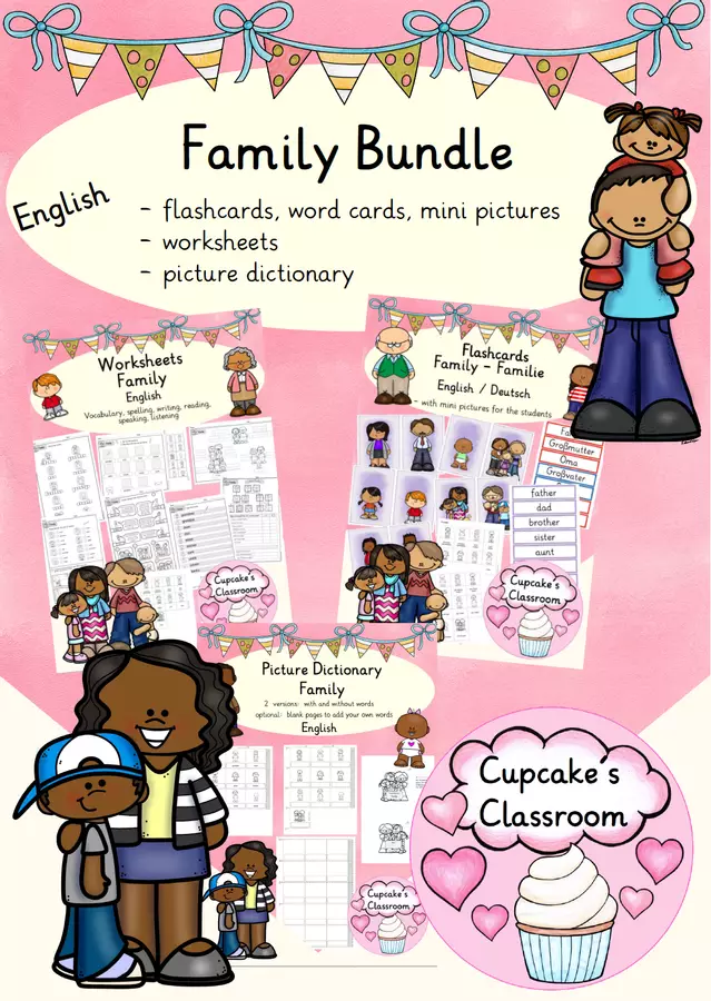 English - Family (Bundle: flashcards, word cards, mini pictures, worksheets and a picture dictionary) Esercizi - English - Family (Bundle: flashcards, word cards, mini pictures, worksheets and a picture dictionary) - Cupcake's Classroom - Pagina di copertina