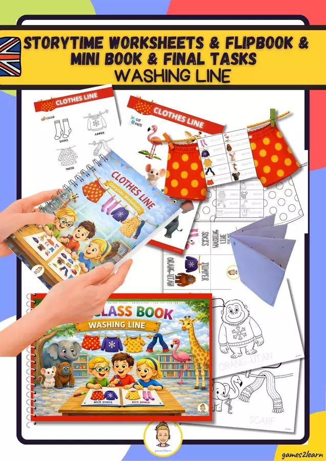 Clothes Line: Storytime Worksheets & flipbook & mini book & Final Tasks Esercizi - Clothes Line: Storytime Worksheets & flipbook & mini book & Final Tasks - games2learn - Pagina di copertina