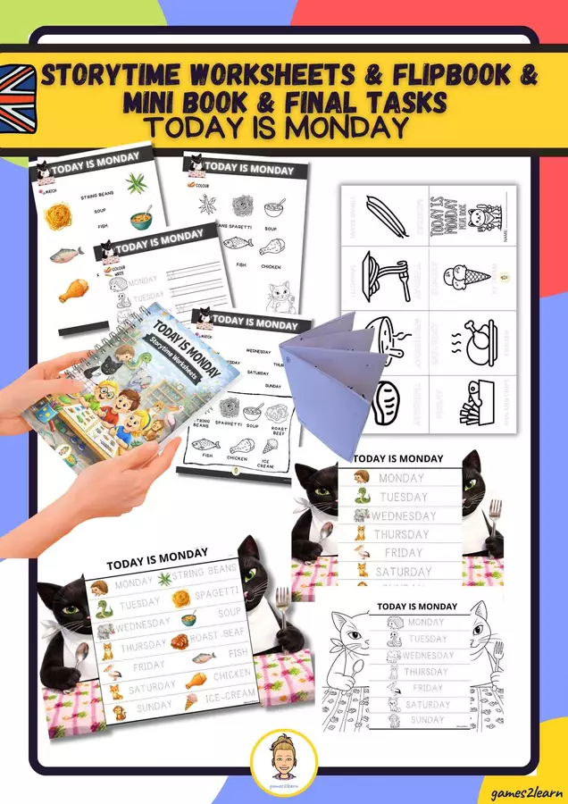 Today is monday: Storytime Worksheets & flipbook & mini book & Final Tasks Esercizi - Today is monday: Storytime Worksheets & flipbook & mini book & Final Tasks - games2learn - Pagina di copertina