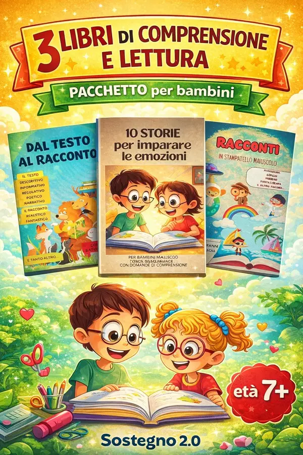 Super Pack Lettura e Comprensione – 3 Libri Didattici (Storie, Racconti ed Emozioni) | scuola primaria 7+ Esercizi - Super Pack Lettura e Comprensione – 3 Libri Didattici (Storie, Racconti ed Emozioni) | scuola primaria 7+ - SostegnO 2.0 - Pagina di copertina