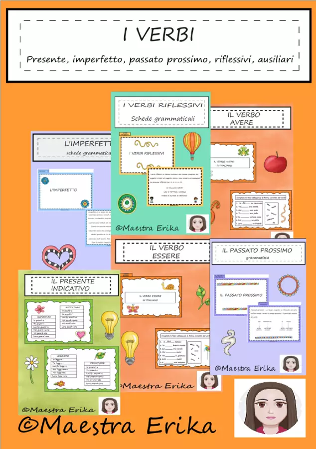 VERBI (Indicativo presente, imperfetto, passato prossimo, verbi ausiliari e verbi riflessivi) Esercizi - VERBI (Indicativo presente, imperfetto, passato prossimo, verbi ausiliari e verbi riflessivi) - Maestra Erika - Pagina di copertina