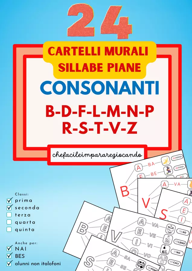 LE SILLABE PIANE – 24 CARTELLI MURALI – 25 SCHEDE OPERATIVE Esercizi - LE SILLABE PIANE – 24 CARTELLI MURALI – 25 SCHEDE OPERATIVE - chefacileimpararegiocando - Pagina di copertina