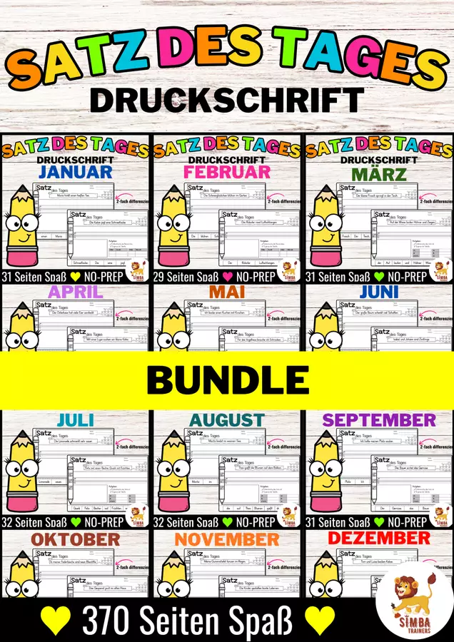 Sätze schreiben / Satz des Tages / Schüttelsätze schreiben DAF DAZ - Druckschrift | Inglese Jahrespaket - Bundle (Raccolta) Esercizi - Sätze schreiben / Satz des Tages / Schüttelsätze schreiben DAF DAZ - Druckschrift | Inglese Jahrespaket - Bundle (Raccolta) - SIMBA Trainers Education - Pagina di copertina