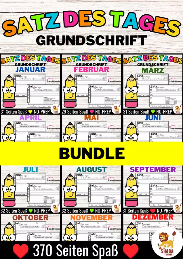Sätze schreiben / Satz des Tages / Schüttelsätze schreiben DAF DAZ - Grundschrift | Inglese Jahrespaket - Bundle (Raccolta) Esercizi - Sätze schreiben / Satz des Tages / Schüttelsätze schreiben DAF DAZ - Grundschrift | Inglese Jahrespaket - Bundle (Raccolta) - SIMBA Trainers Education - Pagina di copertina