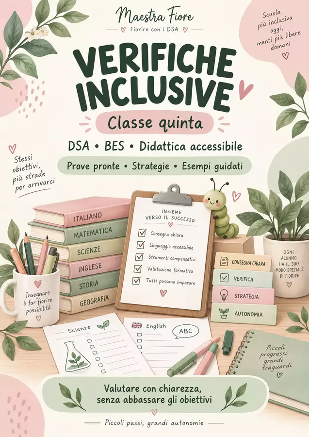 Verifiche inclusive – Classe quinta | DSA, BES e didattica accessibile Esercizi - Verifiche inclusive – Classe quinta | DSA, BES e didattica accessibile - Maestra Fiore - Fiorire con i DSA - Pagina di copertina