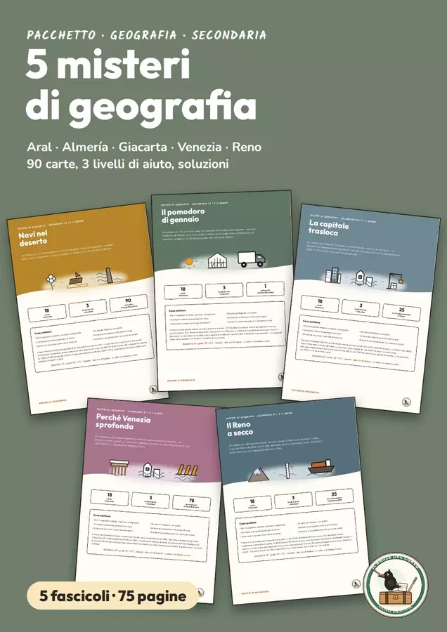Pacchetto: 5 misteri di geografia (Aral, Almería, Giacarta, Venezia, Reno) Giochi - Pacchetto: 5 misteri di geografia (Aral, Almería, Giacarta, Venezia, Reno) - Il Baule del Corvo - Pagina di copertina