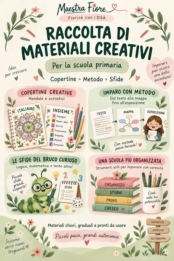 Raccolta di materiali creativi per la scuola primaria | Copertine, metodo e sfide Esercizi - Raccolta di materiali creativi per la scuola primaria | Copertine, metodo e sfide - Maestra Fiore - Fiorire con i DSA - Pagina di copertina