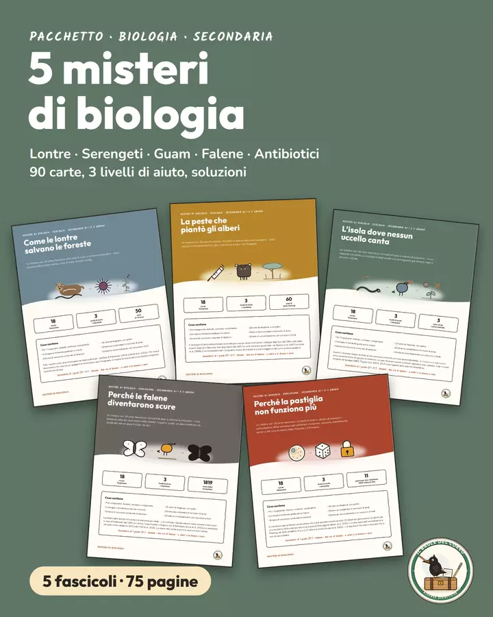 Pacchetto: 5 misteri di biologia (lontre, peste, isola, falene, antibiotici) Giochi - Pacchetto: 5 misteri di biologia (lontre, peste, isola, falene, antibiotici) - Il Baule del Corvo - Pagina di copertina