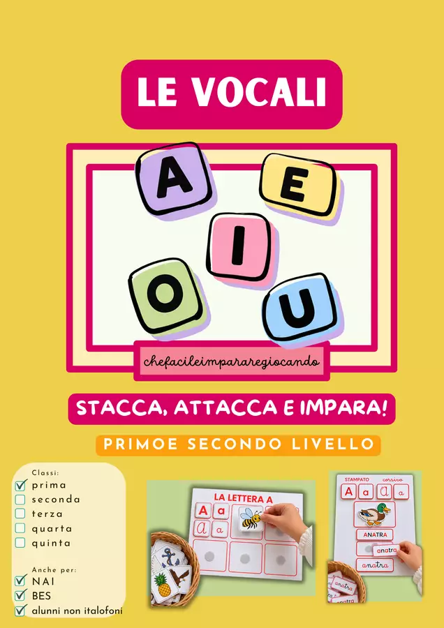 LE VOCALI: STACCA, ATTACCA E IMPARA! – PRIMO E SECONDO LIVELLO Esercizi - LE VOCALI: STACCA, ATTACCA E IMPARA! – PRIMO E SECONDO LIVELLO - chefacileimpararegiocando - Pagina di copertina