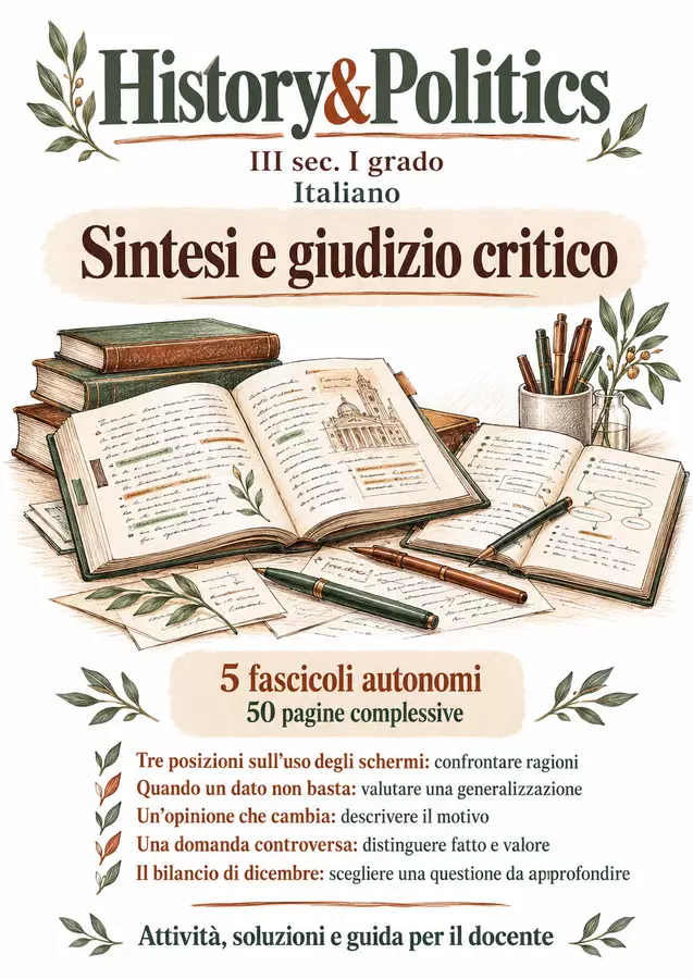 Sintesi e giudizio critico – 5 fascicoli di Italiano, III sec. I grado Esercizi - Sintesi e giudizio critico – 5 fascicoli di Italiano, III sec. I grado - History&Politics - Pagina di copertina