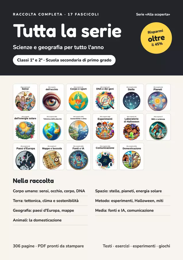 Serie «Alla scoperta» – Raccolta completa: 17 fascicoli di scienze e geografia (1ª-2ª media) Esercizi - Serie «Alla scoperta» – Raccolta completa: 17 fascicoli di scienze e geografia (1ª-2ª media) - Idee Didattiche Scandinave - Pagina di copertina