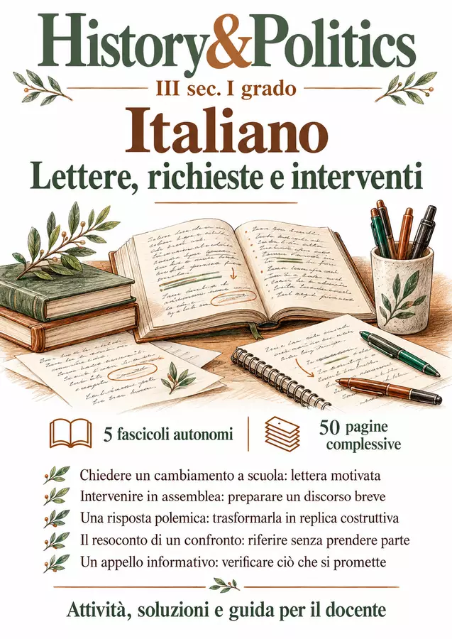 Lettere, richieste e interventi – 5 fascicoli di Italiano, III sec. I grado Esercizi - Lettere, richieste e interventi – 5 fascicoli di Italiano, III sec. I grado - History&Politics - Pagina di copertina