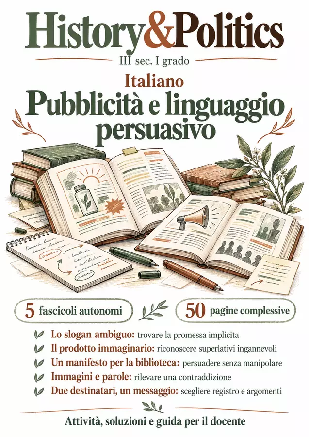 Pubblicità e linguaggio persuasivo – 5 fascicoli di Italiano, III sec. I grado Esercizi - Pubblicità e linguaggio persuasivo – 5 fascicoli di Italiano, III sec. I grado - History&Politics - Pagina di copertina
