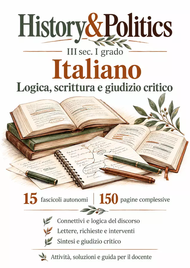 Logica, scrittura e giudizio critico – 15 fascicoli di Italiano, III sec. I grado Esercizi - Logica, scrittura e giudizio critico – 15 fascicoli di Italiano, III sec. I grado - History&Politics - Pagina di copertina