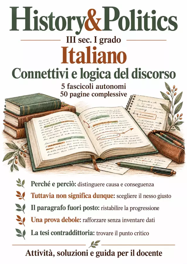 Connettivi e logica del discorso – 5 fascicoli di Italiano, III sec. I grado Esercizi - Connettivi e logica del discorso – 5 fascicoli di Italiano, III sec. I grado - History&Politics - Pagina di copertina