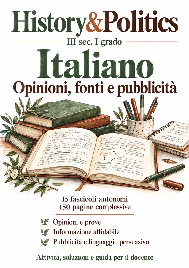 Opinioni, fonti e pubblicità – 15 fascicoli di Italiano, III sec. I grado Esercizi - Opinioni, fonti e pubblicità – 15 fascicoli di Italiano, III sec. I grado - History&Politics - Pagina di copertina