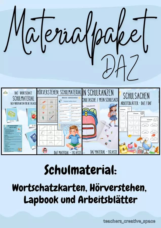 DaZ Materialpaket Schulsachen: Wortschatzkarten, Lapbook, Hörverstehen, Arbeitsblätter Stundenentwürfe - DaZ Materialpaket Schulsachen: Wortschatzkarten, Lapbook, Hörverstehen, Arbeitsblätter - Teachers_creative_space - Deckblatt