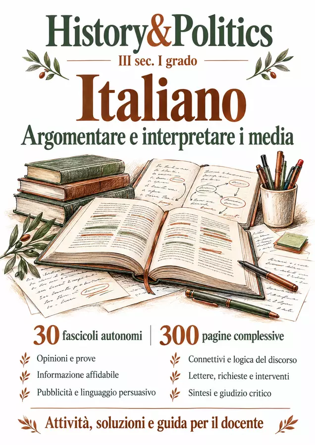 Argomentare e interpretare i media – 30 fascicoli di Italiano, III sec. I grado Esercizi - Argomentare e interpretare i media – 30 fascicoli di Italiano, III sec. I grado - History&Politics - Pagina di copertina