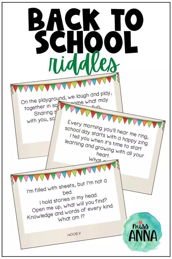 Ritorno a scuola: attività di lettura in inglese | Back to School RIDDLES - Reading skills activity Materiale di supporto/inclusione - Ritorno a scuola: attività di lettura in inglese | Back to School RIDDLES - Reading skills activity - MissAnna - Pagina di copertina