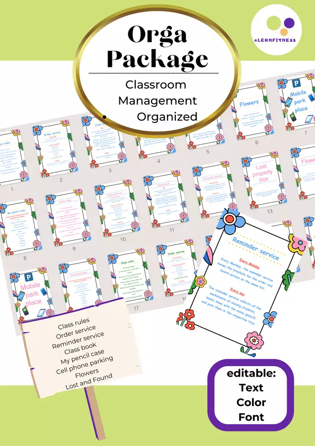 Organizzazione per l'inizio dell'anno scolastico | modificabile | versione inglese | Regolamento di classe, registro di classe, servizio d'ordine, servizio di promemoria + altro ancora Materiale di supporto/inclusione - Organizzazione per l'inizio dell'anno scolastico | modificabile | versione inglese | Regolamento di classe, registro di classe, servizio d'ordine, servizio di promemoria + altro ancora - Lernfitness - Pagina di copertina